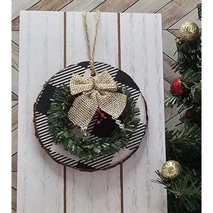 BW Buffalo Check Burlap Bow Red/Gold Wooden Disk Holly Ornament/Gift Tag, 3 inch